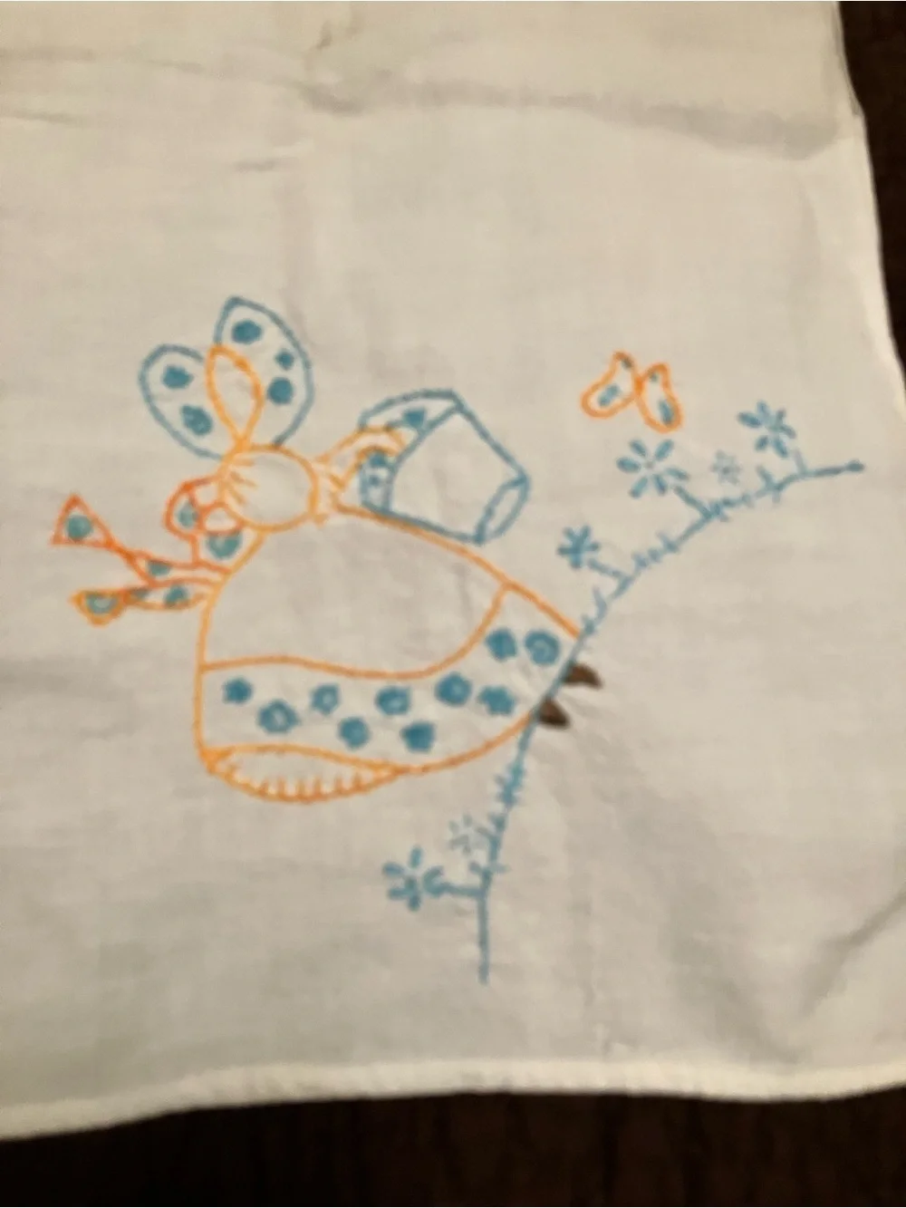 Vintage Embroidered Tea Towel Blue & Yellow